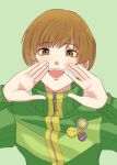  1girl :d absurdres badge bangs brown_eyes brown_hair button_badge commentary_request cover cover_page go-toubun_no_hanayome green_background green_jacket hands_up highres jacket long_sleeves looking_at_viewer open_mouth persona persona_4 satonaka_chie short_hair sidelocks simple_background smile solo teeth track_jacket upper_body upper_teeth_only usa_(kawaii_152cm) zipper zipper_pull_tab 