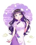  1girl bangs black_hair blue_eyes blunt_bangs blush bracelet bun_cover china_dress chinese_clothes commentary_request delicious_party_precure dress earrings flower highres jewelry kasai_amane kyoutsuugengo long_hair open_mouth precure purple_flower solo sparkle_hair_ornament 