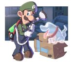  1boy arrow_(symbol) blue_eyes blue_pants bookshelf box brown_footwear brown_hair buttons cardboard_box couch desk dog facial_hair full_body ghost gloves green_shirt hands_up hoshikuzu_pan long_sleeves looking_at_viewer luigi luigi&#039;s_mansion luigi&#039;s_mansion_3 male_focus mustache open_mouth overalls pants parted_lips poltergust_g-00 polterpup raised_eyebrows scared shelf shirt shoes short_hair solo standing super_mario_bros. sweatdrop tongue tongue_out vacuum_cleaner white_gloves 