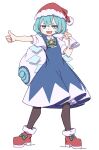  1girl :d absurdres blue_dress blue_eyes blue_hair cirno detached_wings dress fang full_body fur_trim hat highres ice ice_wings kame_(kamepan44231) looking_at_viewer one-hour_drawing_challenge open_mouth pinafore_dress red_footwear red_headwear sack santa_hat shirt short_sleeves simple_background skin_fang smile solo standing thumbs_up touhou white_background white_shirt wings 