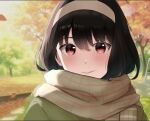  1girl :&gt; autumn autumn_leaves bangs black_hair blurry blurry_background blush brown_coat brown_scarf closed_mouth coat day enpera hairband leaf looking_at_viewer outdoors plaid plaid_scarf portrait red_eyes scarf smile solo spy_x_family tree user_sfpz3443 yor_briar 