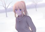  1girl bangs blonde_hair blue_eyes blush closed_mouth day english_commentary grey_sweater heart heart_necklace highres jewelry kaitofuuma long_hair looking_at_viewer necklace original outdoors ponytail sidelocks smile snow solo sweater tree turtleneck turtleneck_sweater upper_body winter 