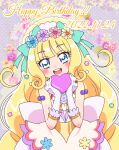  1girl bangs blonde_hair blue_eyes blush bridal_veil commentary_request cure_finale cure_finale_(party_up_style) dated delicious_party_precure gloves happy_birthday heart highres kasai_amane kuromitsuchan3 long_hair magical_girl open_mouth ponytail precure smile solo veil white_gloves 