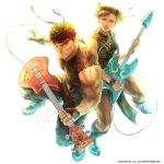  1boy 1girl belt black_belt black_gloves black_pants black_shirt boots breasts chun-li closed_mouth double_bun electric_guitar fingerless_gloves gloves guitar hair_bun headband holding holding_instrument instrument muscular muscular_male official_art pants red_headband ryu_(street_fighter) shirt simple_background smile street_fighter torn_clothes torn_shirt watermark white_background 