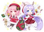  2girls :d antlers bangs bell beret black_gloves black_pantyhose blue_archive blue_eyes boots box breasts brown_footwear candy candy_cane capelet chibi christmas commentary_request dress eighth_note fake_antlers food gift gift_box gingerbread_man gloves hair_bun hair_ornament hairclip halo hanae_(blue_archive) hanae_(christmas)_(blue_archive) hat heart heart_hair_ornament holding holding_bell holding_sack hood hood_up large_breasts long_hair long_sleeves low_twintails multiple_girls musical_note pantyhose pink_hair plaid plaid_skirt purple_hair red_capelet red_dress red_eyes red_headwear red_mittens red_skirt red_sweater reindeer_antlers ribbed_sweater sack serina_(blue_archive) serina_(christmas)_(blue_archive) shikito single_side_bun skirt sleeves_past_wrists smile standing standing_on_one_leg star_(symbol) stuffed_animal stuffed_toy sweater teddy_bear twintails very_long_hair white_capelet white_footwear white_pantyhose 