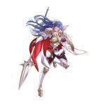  1girl armor blue_eyes blue_hair boots cape fire_emblem fire_emblem_awakening fire_emblem_heroes frown gloves highres long_hair lucina_(fire_emblem) polearm pomelomelon shield solo spear symbol-shaped_pupils weapon white_background 