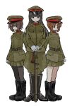  3girls absurdres alternate_costume annotated bangs belt black_belt black_footwear black_hair black_pantyhose blunt_bangs boots brown_eyes brown_hair closed_mouth combat_boots commentary frown girls_und_panzer gloves green_headwear green_jacket green_pants green_skirt hat highres holding holding_sword holding_weapon imperial_japanese_army jacket katana long_hair long_sleeves looking_at_viewer looking_to_the_side military military_hat military_uniform miniskirt mother_and_daughter multiple_girls nishizumi_maho nishizumi_miho nishizumi_shiho own_hands_together pants pantyhose peaked_cap pleated_skirt ri_(qrcode) sheath sheathed short_hair siblings side-by-side simple_background sisters skirt standing star_(symbol) straight_hair sword translated uniform weapon white_background white_gloves 