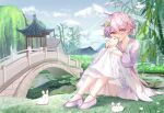  1girl architecture benghuai_xueyuan blush china_dress chinese_clothes dress east_asian_architecture hand_fan heterochromia highres honkai_(series) honkai_impact_3rd light_purple_hair lily_pad long_sleeves multicolored_hair open_mouth pink_hair rabbit short_hair sin_mal sin_mal0909 solo split-color_hair violet_eyes yellow_eyes 