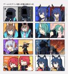 2others 6+girls :3 :d ^_^ amiya_(arknights) animal_ears arknights black_jacket blue_choker blue_hair bowing ch&#039;en_(arknights) choker closed_eyes closed_mouth commentary_request demon_tail doctor_(arknights) explosion exusiai_(arknights) firing_at_viewer food green_hair grey_hair halo highres holding holding_tablet_pc hood hood_up horns hoshiguma_(arknights) infection_monitor_(arknights) jacket jewelry lgd_officer long_hair low_twintails multiple_girls multiple_others open_mouth pocky rabbit_ears red_eyes redhead ring short_hair single_horn smile smoke sparkle surprised sword tablet_pc tail tails_gets_trolled texas_(arknights) twintails upper_body vento very_long_hair w_(arknights) weapon wide-eyed wolf_ears