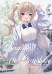  1girl :d alternate_costume arm_up bae.c bangs barbara_(genshin_impact) blonde_hair blue_bow blue_bowtie blue_eyes blue_footwear blurry blurry_background blush bow bowtie breasts buttons collared_shirt commentary_request cover cover_page cross_print doujin_cover drawstring dress_shirt drill_hair english_text fountain fox_shadow_puppet genshin_impact grey_jacket grey_skirt happy high-waist_skirt hood hood_down hooded_jacket jacket leg_up long_hair long_sleeves looking_at_viewer medium_breasts necktie no_headwear open_clothes open_jacket open_mouth pleated_skirt school_uniform shirt shirt_tucked_in shoes short_necktie sidelocks skirt sleeves_past_wrists smile sneakers solo standing standing_on_one_leg thigh-highs twin_drills two-tone_footwear water white_footwear white_shirt white_thighhighs zettai_ryouiki 