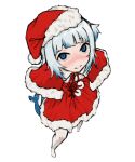  1girl barefoot blue_eyes blue_hair dress fish_tail foreshortening from_above gawr_gura gurumo_(twitter) hat hololive hololive_english light_blue_hair looking_at_viewer multicolored_hair red_dress red_headwear santa_costume santa_dress santa_hat shark_girl shark_tail simple_background solo streaked_hair tail virtual_youtuber white_background white_hair 