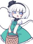  1girl basket black_bow black_bowtie black_hairband bow bowtie fried_rice0614 ghost green_skirt green_vest grey_hair hairband highres holding holding_basket konpaku_youmu konpaku_youmu_(ghost) looking_at_viewer one-hour_drawing_challenge open_mouth shirt short_hair simple_background skirt solo teeth touhou upper_teeth_only vest white_background white_shirt 