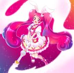  1girl absurdres animal_ears bangs bow cake_hair_ornament choker commentary cure_whip earrings food food-themed_hair_ornament food-themed_ornament fruit gloves hair_ornament highres jewelry kirakira_precure_a_la_mode long_hair magical_girl mitsuki_tayura open_mouth pink_bow pink_choker pink_eyes pink_hair pom_pom_(clothes) pom_pom_earrings precure rabbit_ears short_sleeves smile solo strawberry twintails usami_ichika wand white_gloves 