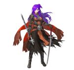  1girl armor bangs breastplate choker fire_emblem fire_emblem:_three_houses fire_emblem_heroes fire_emblem_warriors:_three_hopes gloves hair_bun hair_over_one_eye holding holding_weapon long_hair looking_at_viewer non-web_source official_alternate_costume official_art purple_hair shez_(fire_emblem) shez_(fire_emblem)_(female) shoulder_armor simple_background single_hair_bun solo sword violet_eyes weapon 
