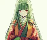  1girl akinomiya_asuka bangs blunt_bangs bright_pupils closed_mouth commentary_request expressionless flat_chest green_hair green_kimono haori japanese_clothes kimono long_hair long_sleeves looking_at_viewer mystical_power_plant original red_eyes simple_background solo suitokuin_tenmu touhou upper_body white_background white_pupils 