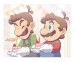  2boys antenna_hair blowing blowing_candle blue_eyes blue_pants blush book bookshelf border brothers brown_hair buttons cake cake_slice candle closed_eyes commentary_request fire flag flame food fruit gloves green_shirt holding holding_plate hoshikuzu_pan indoors long_sleeves looking_at_another luigi male_focus mario multiple_boys no_headwear outside_border overalls pants pennant plate red_shirt shirt short_hair siblings strawberry super_mario_bros. sweatdrop upper_body white_border white_gloves 