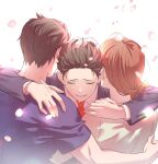  1girl 2boys arm_around_neck black_hair blue_shirt brown_hair cherry_blossoms commentary_request crying family father_and_son fndlwm_re grin hand_on_another&#039;s_head headpat highres hug long_hair long_sleeves mother_and_son multiple_boys natsuki_kenichi natsuki_naoko natsuki_subaru necktie re:zero_kara_hajimeru_isekai_seikatsu red_necktie school_uniform shirt short_hair short_sleeves smile streaming_tears tears upper_body white_background 