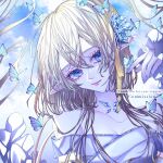  1girl bare_shoulders blonde_hair blue_butterfly blue_eyes bug butterfly butterfly_on_hand closed_mouth day dress elf hair_over_shoulder highres long_hair looking_at_viewer off-shoulder_dress off_shoulder original outdoors pointy_ears ribbon sasame_20 solo straight_hair yellow_ribbon 