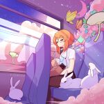  1girl absurdres animal artist_name bag bug bus_interior butterfly closed_eyes closed_mouth clouds crescent_moon cup disposable_cup dot_mouth drinking_straw fizintine highres luna_(fizintine) moon orange_hair original rabbit round_eyewear shirt short_hair short_sleeves sitting solo white_shirt 