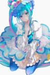  1girl aqua_eyes bangs blue_bow blue_hair blush bow bracelet cure_spicy cure_spicy_(party_up_style) delicious_party_precure frilled_sleeves frills fuwa_kokone highres i0qqsm jewelry long_hair magical_girl precure side_ponytail solo very_long_hair 