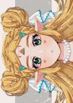  1girl :o bangs bead_necklace beads blonde_hair double_bun grey_background hair_bun hair_ornament hairclip hanabelink highres jewelry long_hair necklace parted_lips pointy_ears princess_zelda sideways solo teeth the_legend_of_zelda the_legend_of_zelda:_breath_of_the_wild white_background 