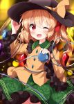  1girl buttons collared_shirt cosplay diamond_button flandre_scarlet frilled_sleeves frills green_skirt heart heart_of_string highres komeiji_koishi komeiji_koishi_(cosplay) long_sleeves medium_hair one-hour_drawing_challenge one_eye_closed open_mouth red_eyes ruu_(tksymkw) shirt side_ponytail skirt solo third_eye touhou wide_sleeves yellow_shirt 