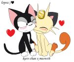 2others animal_focus blush closed_eyes crossover cute cyborg_kuro-chan fang jaggy_line jaggy_lines kiss kissing_cheek kuro_(cyborg_kuro-chan) kurocat looking_at_another meowth no_humans one_eye_closed pokemon pokemon_(creature) simple_background smile white_background