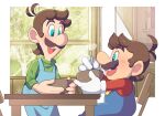  2boys :d antenna_hair apron blue_apron blue_eyes blue_pants blush book bookshelf bowl brothers brown_hair buttons chair facial_hair feet_out_of_frame gloves green_shirt holding holding_bowl hoshikuzu_pan indoors long_sleeves looking_at_another luigi male_focus mario multiple_boys mustache no_headwear on_chair open_mouth overalls pants profile red_shirt shirt short_hair siblings sitting smile standing steam super_mario_bros. table teeth turtleneck upper_teeth_only white_gloves window 