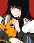  1girl 1other absurdres bangs black_hair black_jacket carrying chainsaw chainsaw_man cross_scar fangs fur-trimmed_jacket fur_trim highres jacket long_hair looking_at_viewer open_mouth orange_nails pochita_(chainsaw_man) red_background red_eyes ringed_eyes sailen0 scar scar_on_cheek scar_on_face simple_background sweat yoru_(chainsaw_man) 