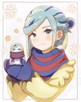  1boy absurdres aqua_eyes blue_mittens blue_scarf blush closed_mouth commentary_request eyelashes framed green_hair grusha_(pokemon) hands_up highres holding jacket long_hair long_sleeves looking_at_viewer male_focus pe_cippe pokemon pokemon_(game) pokemon_sv scarf smile snowflakes split_mouth striped striped_scarf upper_body yellow_jacket 