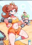  1boy 1girl blue_eyes brown_hair crown dumbbell earphones facial_hair fitting_room green_shirt heart holding ioh looking_at_another looking_away luigi mustache navel ponytail princess_daisy shirt super_mario_bros. sweat 