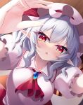  1girl absurdres ascot fang grey_background grey_hair hat hat_ribbon highres looking_at_viewer mob_cap open_mouth pink_headwear pointy_ears red_ascot red_eyes red_ribbon remilia_scarlet ribbon s_vileblood short_hair short_sleeves skin_fang solo touhou upper_body 