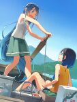  2girls alternate_costume bangs basket black_hair blue_eyes blue_hair blue_sky boat box clouds commentary_request day dutch_angle feet_out_of_frame flat_chest gradient_hair green_eyes green_skirt kantai_collection kusakabe_(kusakabeworks) long_hair mountain multicolored_hair multiple_girls outdoors samidare_(kancolle) shirt skirt sky sleeveless sleeveless_shirt suzukaze_(kancolle) swept_bangs translation_request very_long_hair watercraft white_shirt yellow_shirt 
