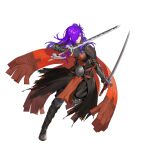  1girl armor bangs breastplate choker dual_wielding fire_emblem fire_emblem:_three_houses fire_emblem_heroes fire_emblem_warriors:_three_hopes gloves hair_bun hair_over_one_eye holding holding_weapon long_hair looking_at_viewer official_alternate_costume official_art purple_hair shez_(fire_emblem) shez_(fire_emblem)_(female) shoulder_armor simple_background single_hair_bun solo sword violet_eyes weapon 