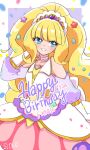  1girl bangs blonde_hair blue_eyes blunt_bangs brooch choker commentary cure_finale delicious_party_precure earrings hair_ornament happy_birthday heart_brooch highres jewelry kasai_amane long_hair magical_girl precure sidelocks siosio_808 solo star_(symbol) star_hair_ornament tiara white_choker wide_ponytail 