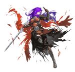 1girl armor bangs breastplate breasts choker dual_wielding fire_emblem fire_emblem:_three_houses fire_emblem_heroes fire_emblem_warriors:_three_hopes gloves hair_bun hair_over_one_eye holding holding_weapon long_hair looking_at_viewer non-web_source official_alternate_costume official_art purple_hair shez_(fire_emblem) shez_(fire_emblem)_(female) shoulder_armor simple_background single_hair_bun solo sword torn torn_clothes violet_eyes weapon 