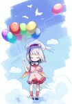  1girl akinomiya_asuka balloon bangs black_hair blue_sky chibi closed_eyes closed_mouth clouds collared_shirt commentary_request hat highres holding holding_balloon hollow_song_of_birds multicolored_hair original pink_shorts pink_vest rainbow_wings red_socks shirt shoes short_hair short_sleeves shorts sky socks solo streaked_hair torisumi_horou touhou vest white_footwear white_hair white_headwear white_shirt winged_hat wings 