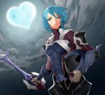  1girl absurdres aqua_(kingdom_hearts) aqua_eyes armor bangs blue_hair breasts closed_mouth clouds cloudy_sky cowboy_shot dirty dirty_face gloves headwear_removed helmet helmet_removed highres holding holding_helmet holding_weapon keyblade kingdom_hearts looking_ahead medium_breasts medium_hair night night_sky outdoors sky solo swept_bangs weapon zelus 