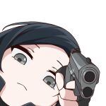  1girl black_gloves black_hair call_of_duty call_of_duty:_black_ops_cold_war call_of_duty:_mobile call_of_duty:_warzone close-up closed_mouth commentary fingerless_gloves frown gloves grey_eyes grey_jacket gun gun_pointing_at_viewer hand_pointing_a_gun_(meme) handgun helen_a._park holding holding_gun holding_weapon jacket looking_at_viewer looking_down m1911 meme narchiart short_hair simple_background smug solo weapon white_background 