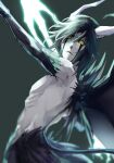  1boy black_hair black_wings bleach colored_sclera colored_skin energy_weapon green_background green_sclera highres hishui_prpr holding holding_polearm holding_weapon horns looking_at_viewer polearm simple_background solo ulquiorra_cifer upper_body weapon white_horns white_skin wings yellow_eyes 
