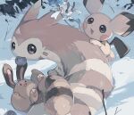  :d berry_(pokemon) commentary floette floette_(blue) fur furret hideko_(l33l3b) highres looking_at_another mouth_hold no_humans open_mouth oran_berry pichu pokemon pokemon_(creature) reaching sentret smile snow 