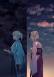  1girl ahoge arms_at_sides blonde_hair clouds fate/grand_order fate_(series) hakama hakama_pants hand_on_weapon haori highres japanese_clothes kimono light_smile looking_up lunapont multiple_views night night_sky obi okita_souji_(fate) outdoors pants pink_kimono ponytail sash short_hair sky standing star_(sky) starry_sky sword weapon white_kimono wide_sleeves yellow_eyes 
