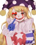  1girl bangs blonde_hair blue_gloves clown clownpiece commentary_request facepaint gloves hat highres jester_cap long_hair looking_at_viewer neck_ruff pointing pointing_at_self polka_dot_headwear purple_headwear red_eyes simple_background smile solo star_(symbol) tongue touhou upper_body white_background yagisan1578 