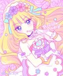  1girl apron bangs blonde_hair blue_eyes blunt_bangs blush bridal_veil brooch commentary cure_finale cure_finale_(party_up_style) delicious_party_precure earrings happy_birthday heart_brooch highres jewelry kasai_amane long_hair magical_girl open_mouth precure sidelocks solo sugar_hiyo veil wide_ponytail 