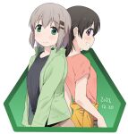  2girls back-to-back bangs black_hair black_shirt blush brown_shorts closed_mouth clothes_around_waist commentary_request dated green_background green_eyes green_jacket grey_hair grin hair_ornament hairclip happy jacket katatsuka_kouji kuraue_hinata long_sleeves looking_at_viewer looking_back medium_hair multiple_girls open_clothes open_jacket pink_shirt shirt short_sleeves shorts smile two-tone_background upper_body violet_eyes white_background yama_no_susume yukimura_aoi 
