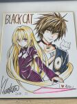  1boy 1girl 1other artist_name black_cat_(series) blonde_hair brown_hair cat closed_mouth copyright_name eve_(black_cat) highres long_hair looking_at_viewer looking_to_the_side simple_background tattoo train_heartnet violet_eyes white_background white_cat yabuki_kentarou yellow_eyes 