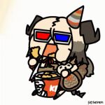 1girl 3d_glasses animated_gif arknights eating fried_chicken ifrit_(arknights) kfc open_mouth seseren stuffed_animal stuffed_owl