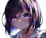  1girl airiiart artist_name bangs blush closed_mouth collared_shirt crying english_commentary instagram_username lips multicolored_hair original purple_hair shirt short_hair simple_background solo tears upper_body violet_eyes white_background white_shirt 