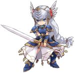  1girl armor armored_boots bangs blue_eyes blue_footwear boots braid breastplate chibi closed_mouth feathers full_body grey_hair hair_between_eyes holding holding_sword holding_weapon karukan_(monjya) knee_boots lenneth_valkyrie long_hair looking_away pauldrons shoulder_armor simple_background skirt solo sword two-handed valkyrie_profile very_long_hair visor_(armor) weapon white_background white_feathers white_skirt 