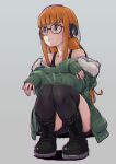  1girl behind-the-head_headphones black-framed_eyewear black_footwear black_shorts black_thighhighs brown_hair closed_mouth coat crossed_arms full_body fur glasses green_coat grey_background grey_eyes headphones highres long_hair long_sleeves looking_to_the_side off_shoulder persona persona_5 sakura_futaba short_shorts shorts simple_background solo squatting straight_hair thigh-highs very_long_hair yazwo 
